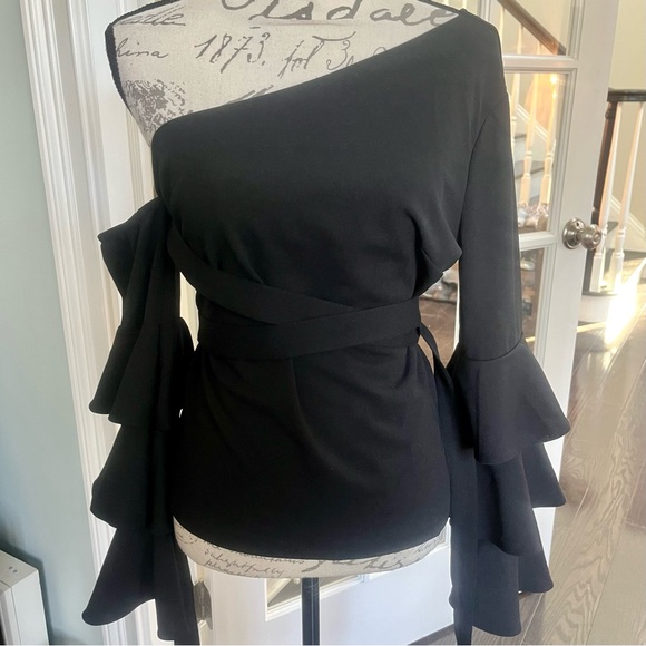 VENUS Ruffle Off the Shoulder One Sleeve Tie Waist Top - Picture 2 of 16